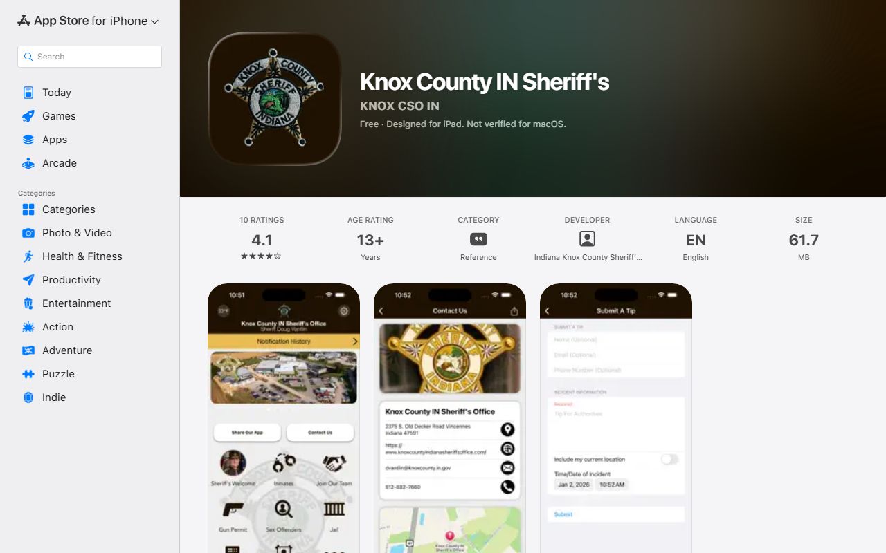Knox County IN Sheriff's app listing for inmate and custody tools